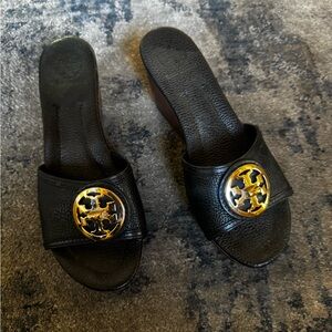 Tory Burch Black Mules with Gold Logo